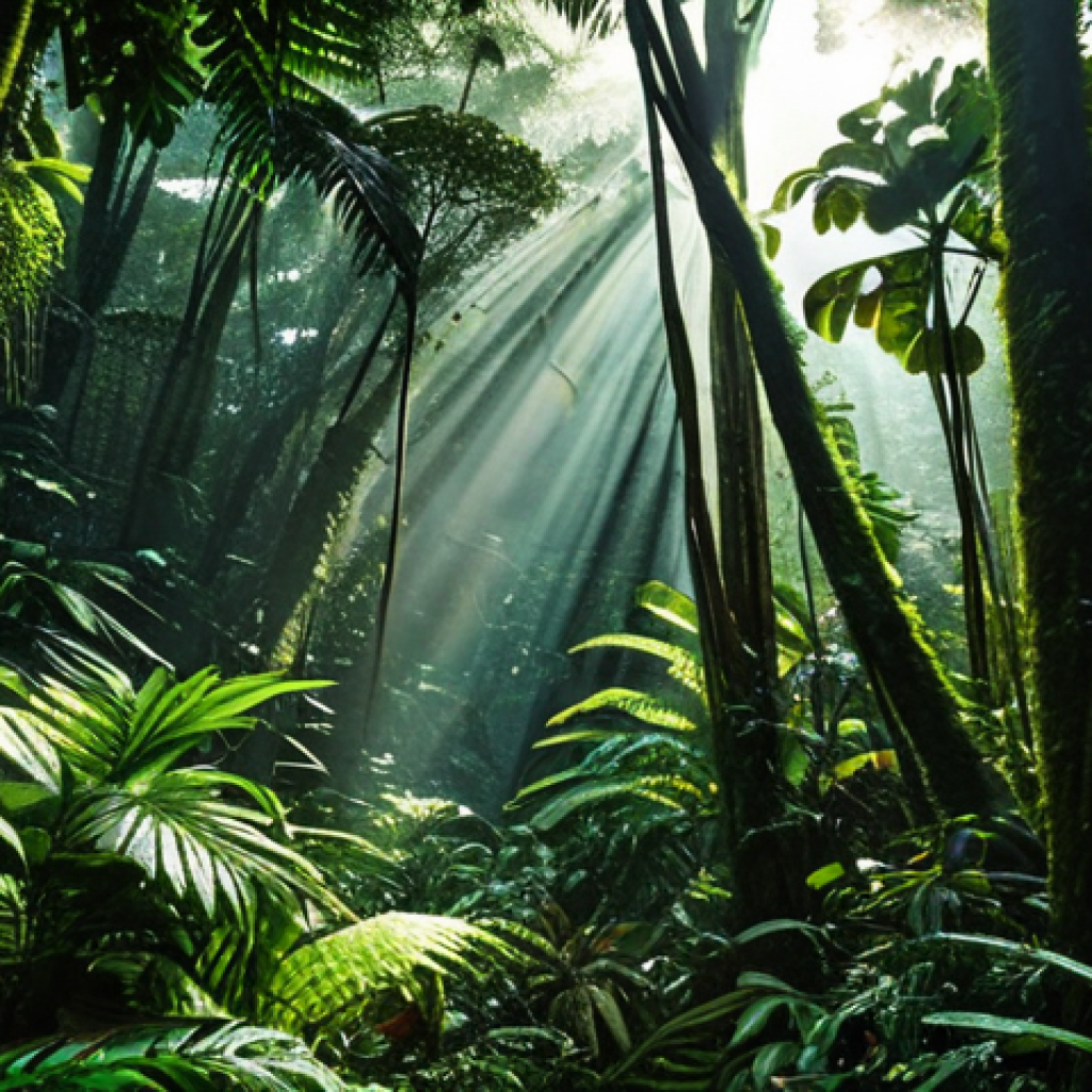 코스타리카 영화 촬영지 탐방 - **"Predator" Jungle Scene:** Lush, dense rainforest in Costa Rica, sunlight filtering through the ca...