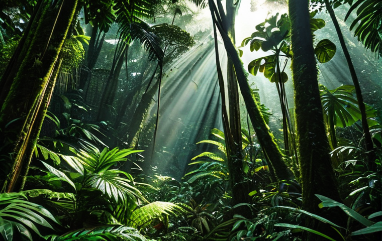 코스타리카 영화 촬영지 탐방 - **"Predator" Jungle Scene:** Lush, dense rainforest in Costa Rica, sunlight filtering through the ca...