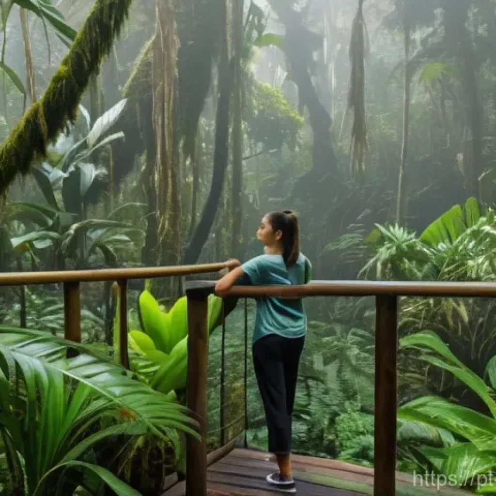 코스타리카 지속 가능 관광 - **"Pura Vida Connection in the Cloud Forest"**
A female traveler, dressed in practical and modes...