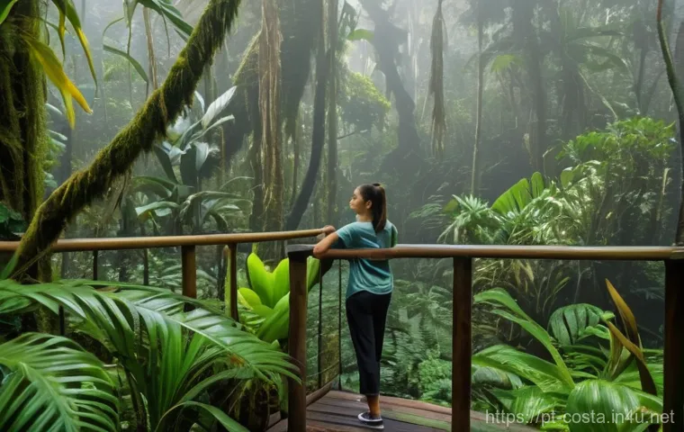 코스타리카 지속 가능 관광 - **"Pura Vida Connection in the Cloud Forest"**
A female traveler, dressed in practical and modes...