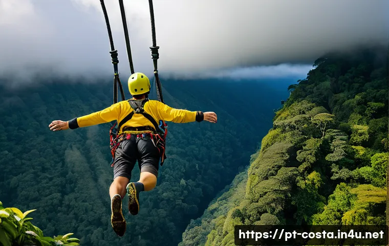코스타리카 번지점프 및 집라인 체험 - **Prompt:** A thrilling shot of a person mid-bungee jump in Monteverde, Costa Rica. The individual i...