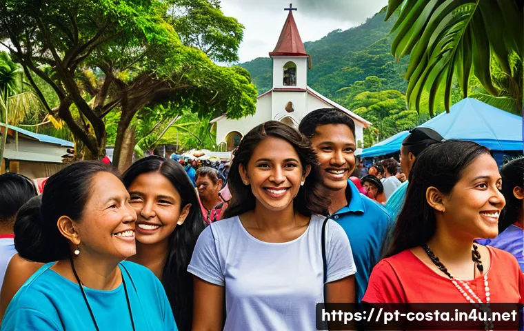 코스타리카 종교와 신앙 - **Prompt:** A vibrant, diverse group of Costa Ricans, spanning various ages and ethnicities, enjoyin...