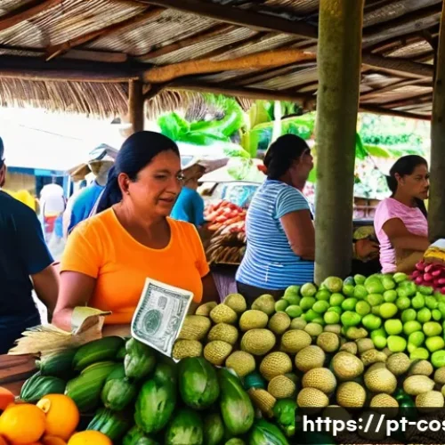 Home 32 코스타리카 환율과 화폐 사용법 - A vibrant Costa Rican local market scene showcasing a diverse array of colorful fruits, vegetables, ...