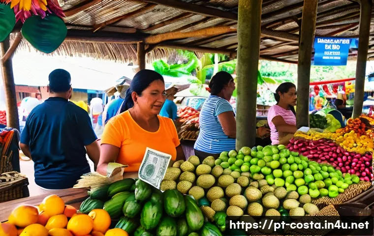 코스타리카 환율과 화폐 사용법 - A vibrant Costa Rican local market scene showcasing a diverse array of colorful fruits, vegetables, ...