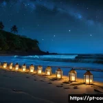 Home 19 코스타리카 거북이 보호구역 - A serene nighttime beach scene in Costa Rica showing a team of conservationists wearing light clothi...