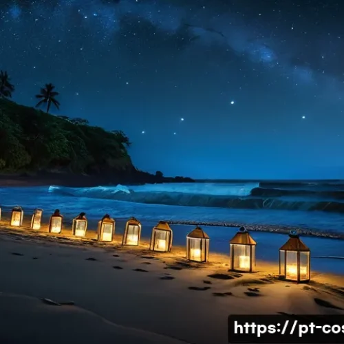 Home 31 코스타리카 거북이 보호구역 - A serene nighttime beach scene in Costa Rica showing a team of conservationists wearing light clothi...