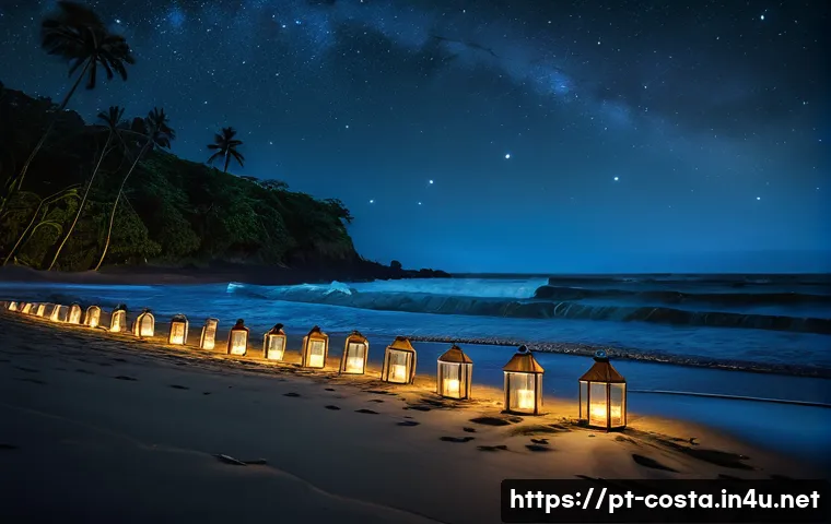 코스타리카 거북이 보호구역 - A serene nighttime beach scene in Costa Rica showing a team of conservationists wearing light clothi...