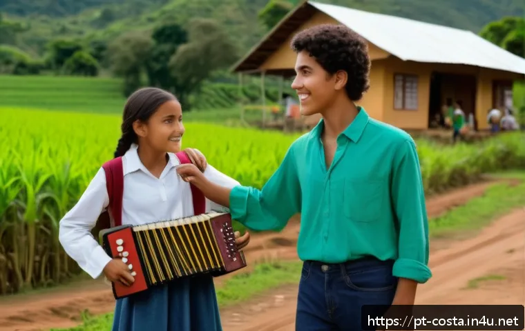 코스타리카 인기 드라마 및 영화 - A cinematic scene capturing a young Costa Rican filmmaker on location in a lush rural village, surro...