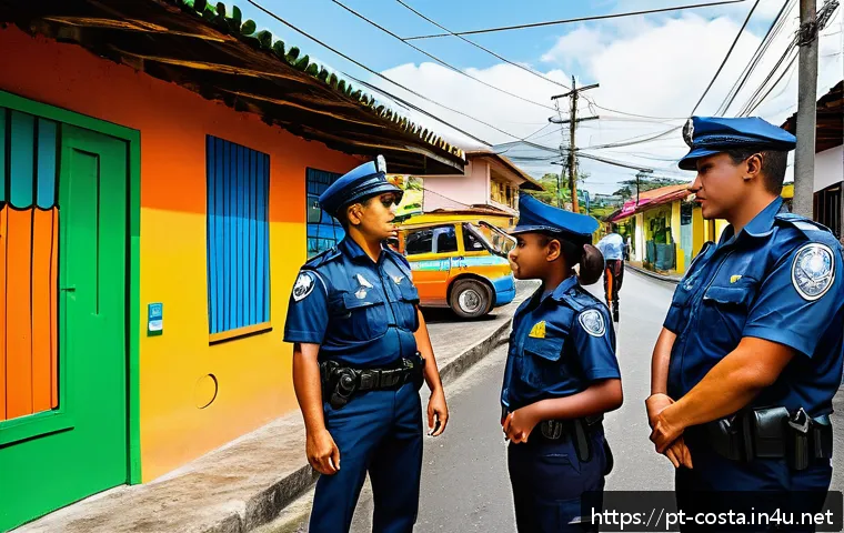 코스타리카 무장 해제 정책 - A vibrant street scene in San José, Costa Rica, showing diverse community members engaging peacefull...