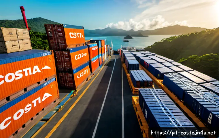 코스타리카 한국과의 무역 관계 - Photorealistic Costa Rica–South Korea trade concept, sunlit container port in Limón, neatly stacked ...