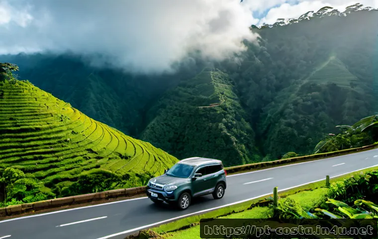 Home 17 코스타리카 유명한 도로 여행 코스 - Photorealistic Costa Rica road trip along the scenic Route 1 near Monteverde, a compact rental SUV d...