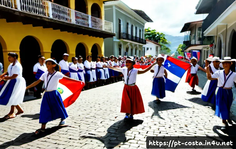 코스타리카 독립기념일 행사 - Photorealistic Costa Rica Independence Day community parade in a sunlit town plaza, families wearing...