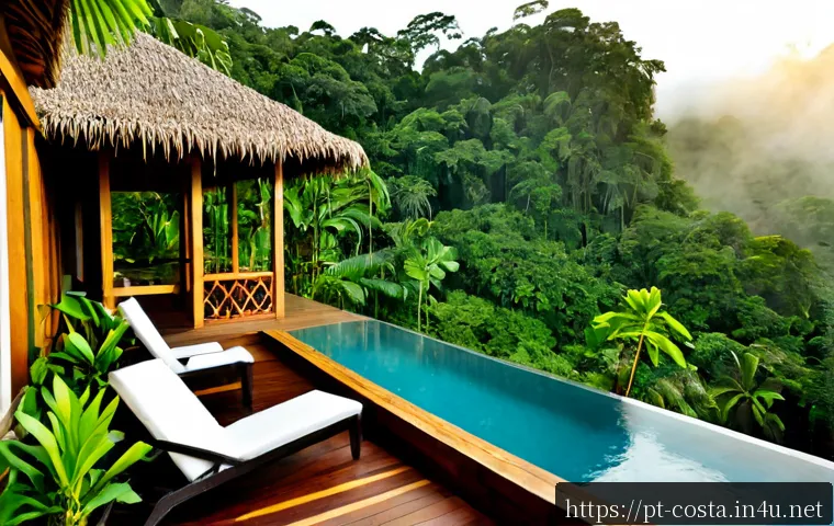 코스타리카 부티크 호텔 리스트 - Photorealistic boutique eco-lodge in Costa Rica’s lush rainforest, intimate wooden bungalow with a p...