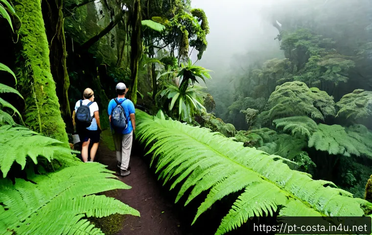 Home 15 코스타리카 생태 관광 - Photorealistic eco-tourism scene in Costa Rica, small group of adult travelers with a local naturali...