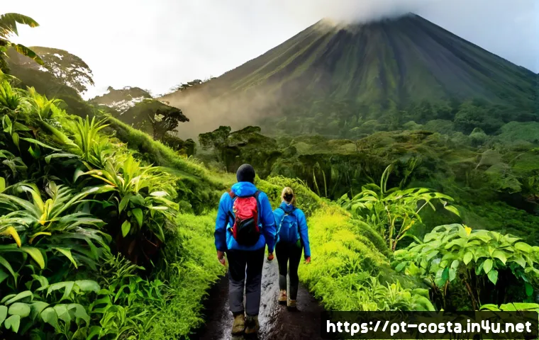Home 15 코스타리카 코스타리카 화산 트레킹 추천 - Photorealistic sunrise trek on Arenal Volcano in Costa Rica, a small group of adult hikers in practi...